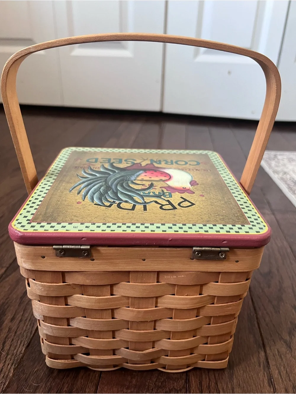 Woven vintage Chicken Feed Basket with Decorative Rooster Lid by Susan Winget